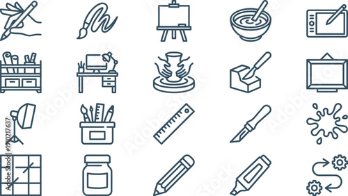 Curated collection of creative icons representing diverse art, design, and craft tools for various artistic endeavors