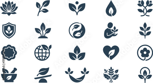 Comprehensive collection of stylized vector icons symbolizing natural health, organic products, ecological sustainability, and wellness concepts for modern branding