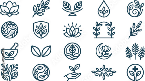 Minimalist Vector Collection of Botanical and Wellness Icons Representing Nature, Purity, and Organic Lifestyle Concepts