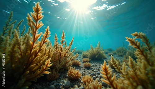 Underwater scene with sunlight filtering through turquoise water illuminating golden seaweed and pebbles on the seabed