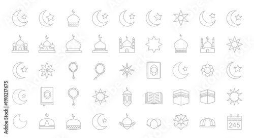 vector icons of mosques, crescent moons, stars, and other Islamic symbols on a transparent background