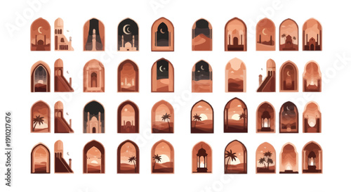 Collection of various rustic wooden doors and windows with arched tops, isolated on transparent background