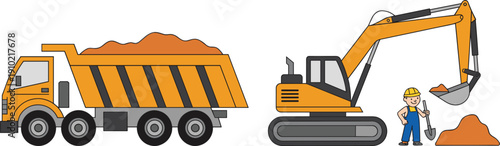 Flat illustration of construction site with dump truck and excavator loading soil, worker in safety helmet, heavy machinery earthmoving and building industry concept