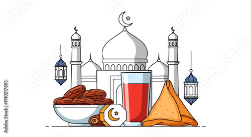 Vector illustration of a mosque with dates, samosa, and a glass of juice, isolated on transparent background
