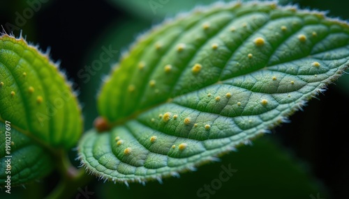 Close-up Macro View Of A Vibrant Green Leaf With Yellow Spots And Water Droplets Against A Dark Blurred Background
