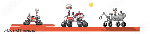A captivating illustration showcasing the evolution of Mars rovers, from early designs to advanced exploration vehicles, traversing the red planet's surface under a distant sun.