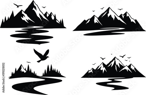 Mountain silhouettes with serene lakes and flying birds