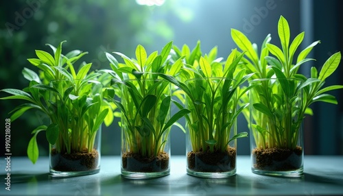 Row Of Small Green Plants In Clear Glass Pots With Dark Soil And Bright Overhead Lighting Creating A Soft Focus