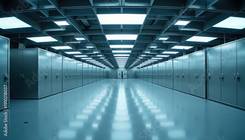 Futuristic Cold Storage Facility with Rows of Lockers and Overhead Lighting Reflecting on a Polished Floor with a