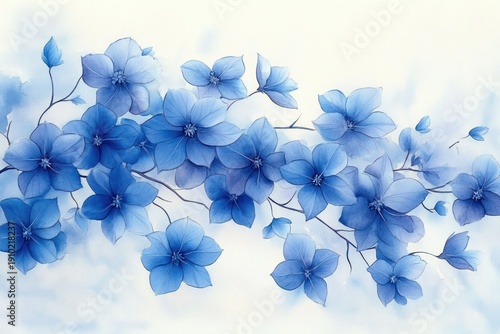 delicate blue watercolor blossoms on slender branches with buds and soft washes, evoking calm serenity