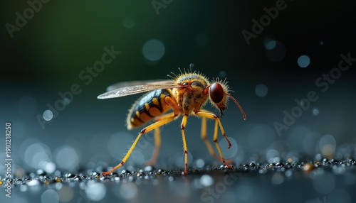 Close up macro photograph of a small yellow and black striped insect with large red eyes resting on a dark textured