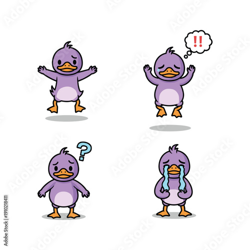 Cartoon penguin expressing different emotions with thought bubbles on white background
