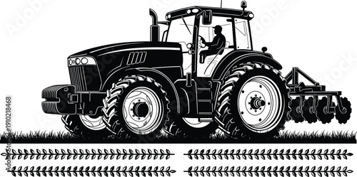 Heavy duty agricultural tractor with disc plow farm machinery detailed vector illustration isolated on white background cultivation concept