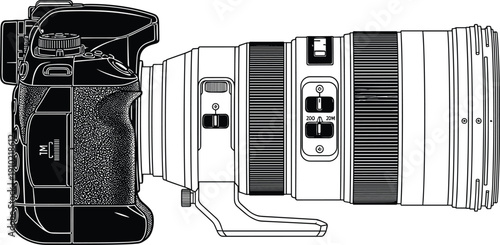 Professional DSLR camera with telephoto lens side view detailed vector illustration isolated on white background photography equipment concept