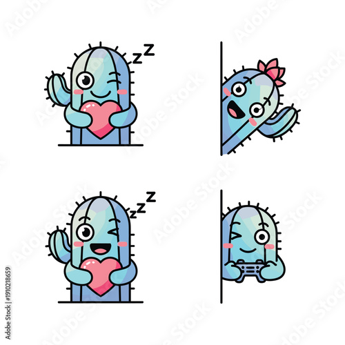 Cute cartoon virus characters showing love and sleep on white background