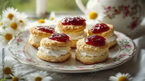 Wallpaper Mural mini scones layered with cream and glossy red jam on a vintage floral plate with daisies and a teacup, cozy inviting afternoon tea scene Torontodigital.ca