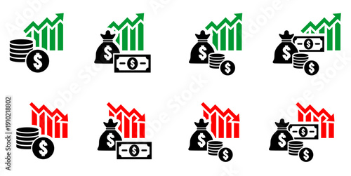 Set money increase and decrease icon vector for profit trends. Symbolizes gain vs loss and fluctuating value. Ideal for stock market analysis.