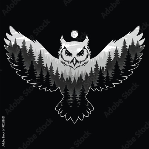 Owl in flight over moonlit forest landscape