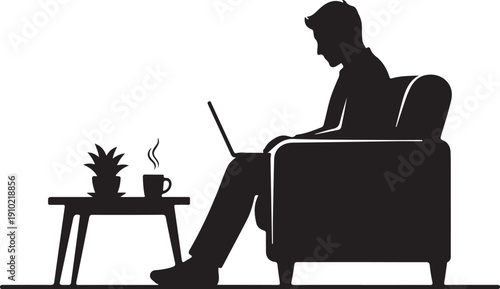 Silhouette of a man sitting on a chair with laptop isolated on transparent background
