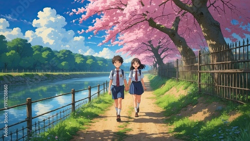 Anime Style Watercolor Illustration of Students Walking Under Cherry Blossoms