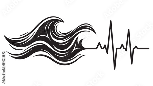 Stylized ocean wave transitioning into a heartbeat pulse line for marine environmental monitoring and aquatic healthcare wellness resources.