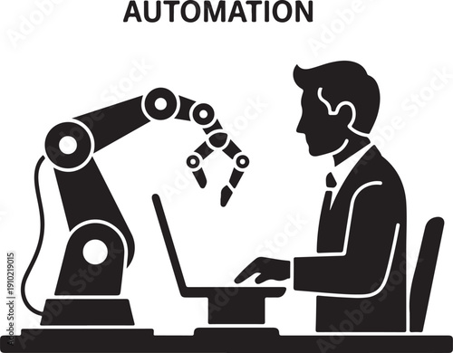 Silhouette of businessman working with robotic arm on laptop isolated on transparent background