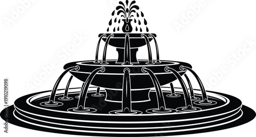 Decorative water fountain silhouette with cascading streams classic architectural landmark vector illustration isolated on white background design element