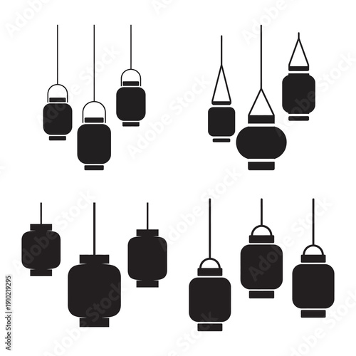 A collection of black silhouettes depicting various modern hanging pendant lamps and lanterns for interior design