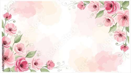 Elegant pink floral frame with soft watercolor background