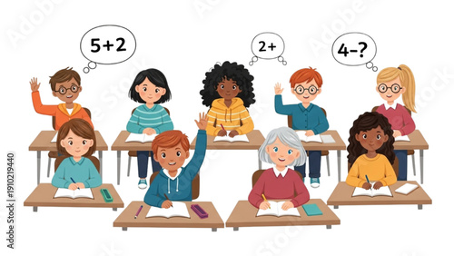 High-quality colorful illustration of diverse students solving math problems in a classroom, inclusive education concept