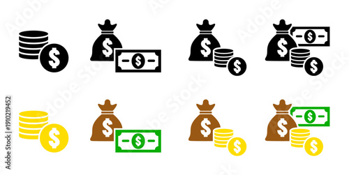 Set coin paper and bag money icon vector for wealth themes. Symbolizes cash, savings, and payments. Ideal for banking apps and shopping carts.