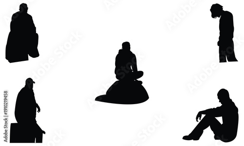 Lonely Man Thinking Silhouette Collection. 