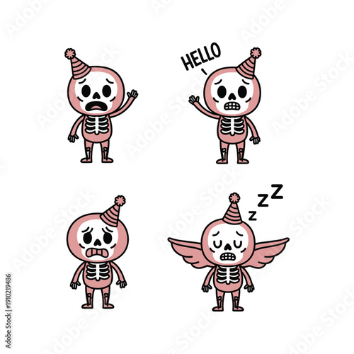 Cartoon skeleton characters with different emotions and actions in a minimalist style