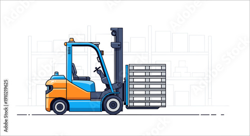 Vibrant blue and orange forklift truck moving a stack of pallets, illustrating efficient warehouse logistics and industrial operations.