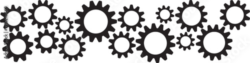 Black cogwheels in a horizontal line on white background