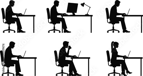 Set of business people working at desks with laptops showing correct and incorrect office posture silhouettes vector illustration ergonomic comparison