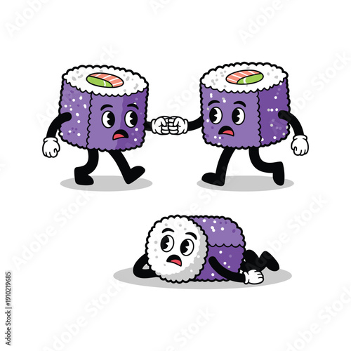 Cartoon sushi characters having a tug of war with a fallen friend on a white background