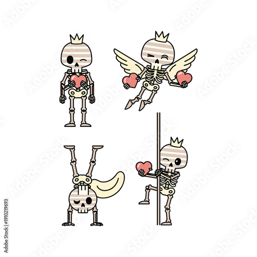 Cartoon skeleton characters showing love and playfulness with hearts and crown