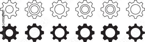 Black and white gear icons in various line styles and solid fills