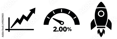 Modern business icons set featuring an upward trend graph, a speedometer, and a rocket for progress and success
