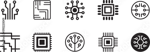 Circuit board icons with microchips and electronic components symbols