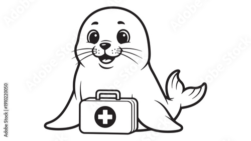 Cute kawaii arctic seal character holding a medical first aid kit for veterinary care and polar wildlife rescue services.
