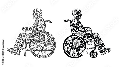 Silhouette of a man in wheelchairs decorated with intricate floral patterns for inclusive healthcare and accessibility awareness.