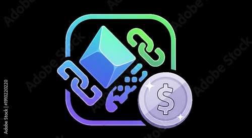 Cryptocurrency symbol with chain links and dollar coin on black background representing blockchain and finance