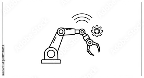 Robotic arm with gear and signal waves in industrial automation concept