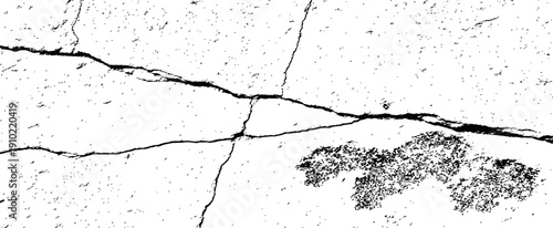 Abstract distressed black and white vector texture with large surface cracks and granular grunge effect