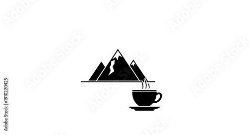 Minimalist black and white illustration of mountains and a steaming coffee cup.
