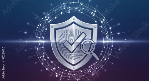 Shield with checkmark and magnifying glass in futuristic cybersecurity concept with glowing blue background