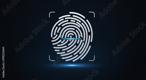 Glowing white fingerprint scan on dark background with blue light symbolizing security and identity verification