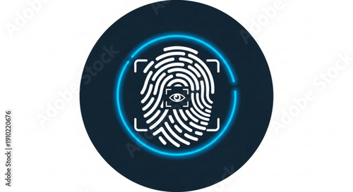 Biometric scanning fingerprint with eye in circle on dark background for security and identity verification concept